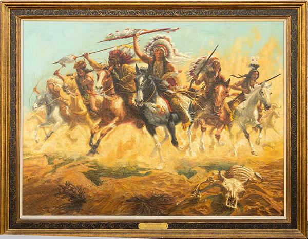 威廉·道格拉斯·罗莎(William Douglas Rosa)于1972年创作的一幅精美画作《坐着的公牛》(Sitting Bull’s Charge)，前景是一个牛头骨，宽42英寸，宽54英寸(图片，少画框)(4375美元)。