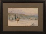 艾伦·布鲁克斯(加拿大人，1869 - 1945):风景中的鹿——水彩，8.25 x 13英寸/左下角签名