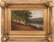 爱德华·希尔（美国1843-1923）：沿河的绵羊-油画，8.75 x 13.25英寸/左下角