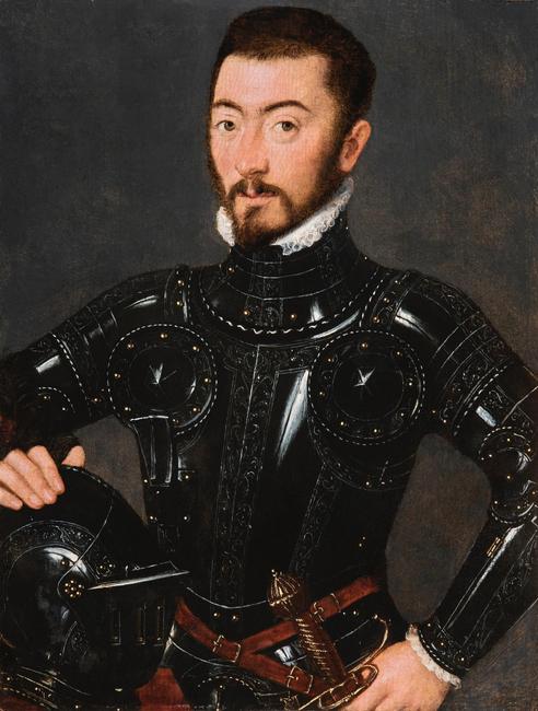 出自吉利斯·克莱森斯，《盔甲男人的肖像》，大约1560年。面板上有油。32.7 x 25厘米(12.9 x 9.8英寸)。由Caretto & occhin内格罗在2021年TEFAF在线展上展示，并被比利时groeningmuseum收购。