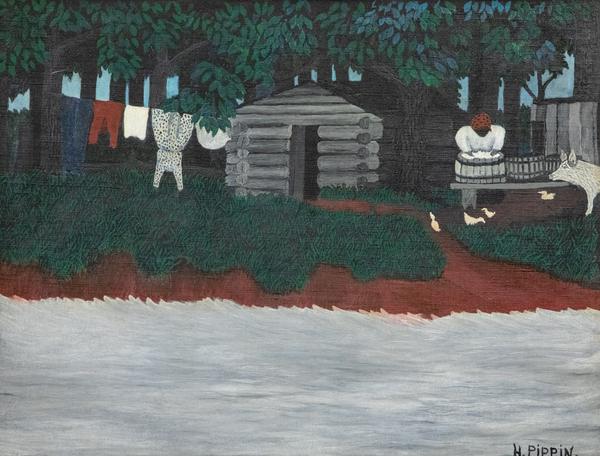 霍勒斯·皮聘(Horace Pippin)，《洗》(The Wash, 1942年)，布面油画，13 1/2 x 17 1/2英寸。(理查德和劳拉·帕森斯的礼物，2021)
