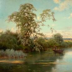 画家埃米利奥·桑切斯·皮埃尔(Emilio Sanchez Perrier，西班牙，1855-1907)在木板上的油画，画的是宁静的河景，两个男孩在一艘船上。