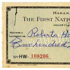 欧内斯特·海明威（Ernest Hemingway）签署的西班牙印刷支票（作为“欧内斯特·海明威（Ernest M. Hemingway）”），日期为1955年7月28日，在波士顿第一国民银行（哈瓦那，古巴分公司）（Est。800-$ 800- $ 1,000）上绘制。