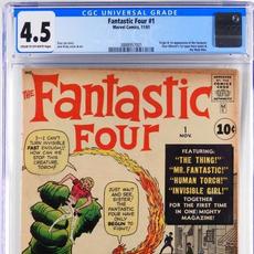 漫威漫画《神奇四侠1号》(1961年11月)，评分为CGC 4.5(估计:15000 - 20000美元)，讲述神奇四侠和鼹鼠人的起源和首次亮相。