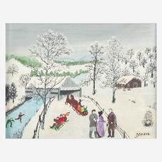 在12月7日的“简单美国”拍卖中，第44件拍品:摩西奶奶(美国，1860-1961)《冬日》(the Old Bridge, Richmond, Vermont)。估计:2.5万至4万美元