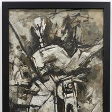 马克布尔·菲达·侯赛因(Maqbool Fida Husain)的立体派油画(印度，1915-2011)，一幅单调的构图，描绘了骑在野马背上的骑手(估价:4万至6万美元)。