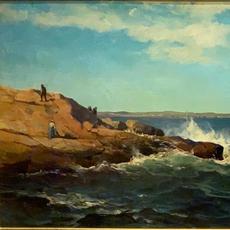 莫里茨·弗雷德里克·德·哈斯(Mauritz Frederik De Haas，荷兰/美国，1832-1895)的海上布面油画，描绘了崎岖的海岸，岩石上的人物和海上的帆，签名(8610美元)。