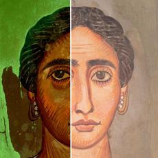 一个女人的肖像（左侧的紫外图像，右侧是原始肖像），罗马埃及，可能来自埃尔·罗巴亚特（Er-Rubayat），c。公元200年。无花果无花果面板上的蛋哈佛艺术博物馆/亚瑟·萨克勒博物馆，约翰·D·洛克菲勒夫人的礼物，小，1939.111。