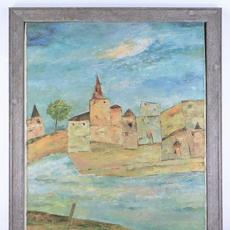 由Ram Kumar（印度，1924-2018）的抽象建筑油画，描绘了棕色建筑，从河流的另一侧，签署（估计：25,000美元 -  35,000美元）。