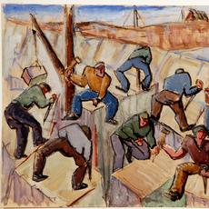 《在安角花岗岩采石场工作的人》，作者亚伯拉罕·弗雷特·莱文森(美国，1883 - 1946)，约1935年。水彩与石墨在黄褐色织布纸。威尔玛·梅基尔·斯陶夫的礼物。