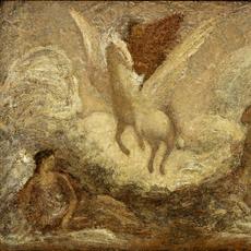 Albert Pinkham Ryder，Pegasus离开，到1901年。帆布上的油安装在纤维板上，14 1/4 x 17 1/4英寸。史密森尼亚美艺术博物馆，约翰盖利的礼物。