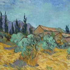 文森特·梵高(1853-1890)，Cabanes de bois parmi les oliviers et cyprès, 1889年10月。布面油画。17⅞x 23¾英寸(45.5 x 60.3厘米)。2021年11月11日，考克斯藏品:印象派的故事以7135万美元的价格在纽约佳士得拍卖